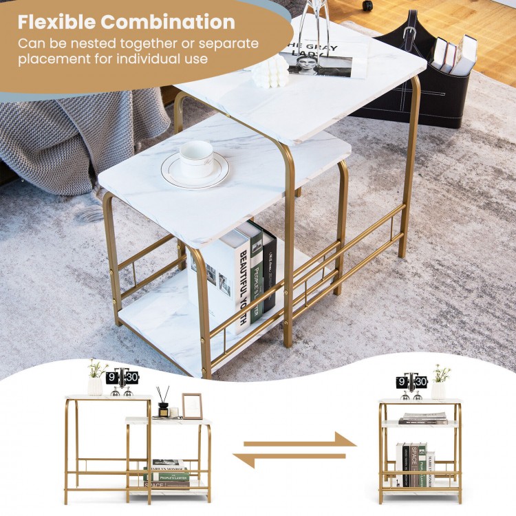 Faux marble nesting table set in white with gold steel frame, ideal for small spaces and versatile use as side tables.